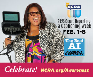 Celebrate Court Reporting & Captioning Week: Woman smiling and holding a steno machine