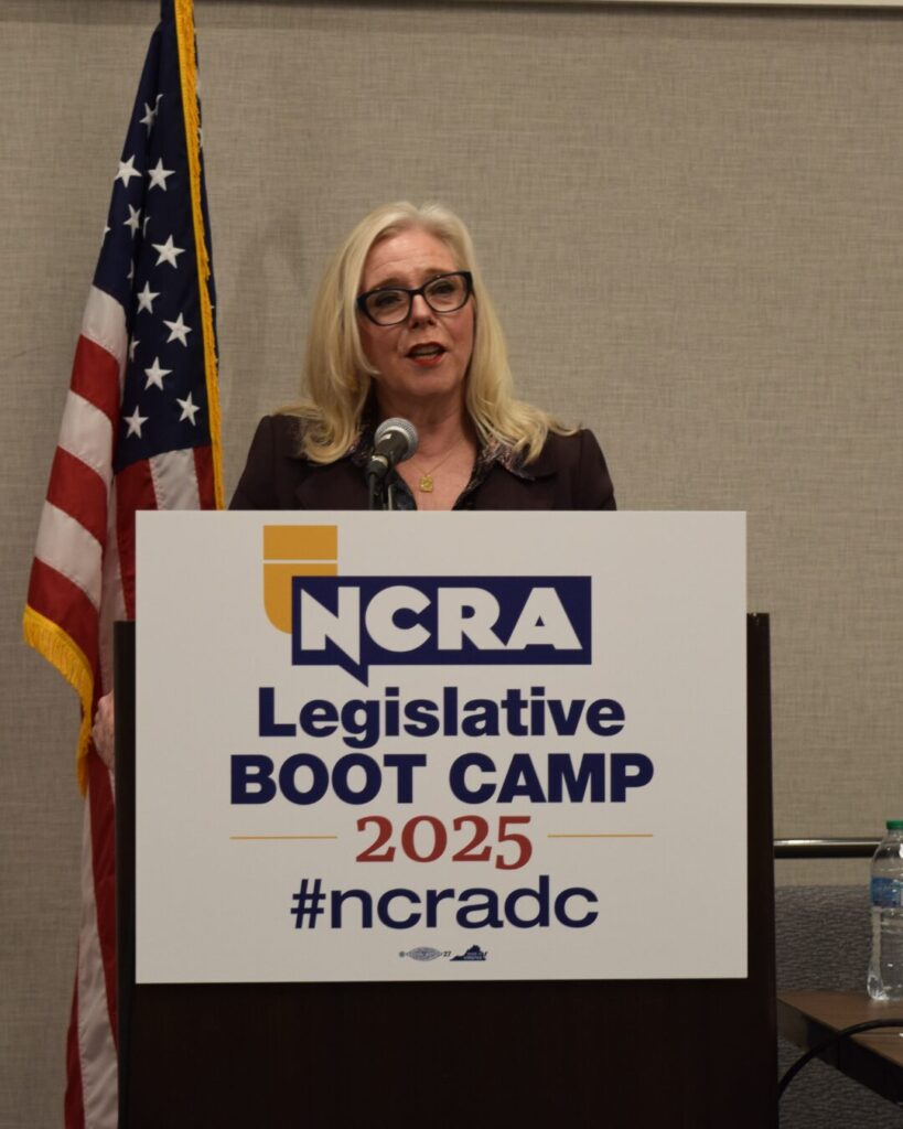 Virginia Commonwealth's Attorney Shannon Taylor stands at a podium with a sign that reads NCRA Legislative Boot Camp 2025 #ncradc