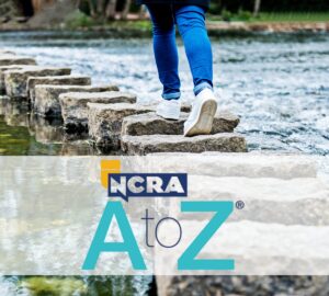 Legs of a human body are crossing a body of water using stepping stones. The NCRA A to Z program logo is emblazoned across the lower third.